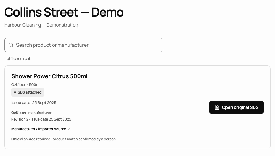 Hazkeep demo location register showing a chemical, its selected SDS and original manufacturer source